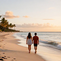 Caribbean Holidays, Relaxing Caribbean Holidays, A couple walking barefoot along a quiet Caribbean beach in warm evening light, with gentle waves and palm trees in the distance