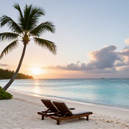 Caribbean Holidays, Relaxing Caribbean Holidays, A peaceful Caribbean beach at sunrise with calm turquoise water, soft white sand, palm trees and a comfortable luxury sun lounger