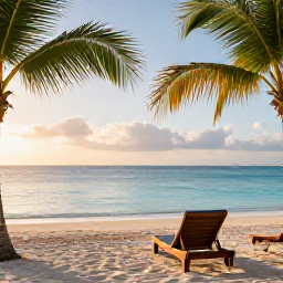 Caribbean Holidays, Relaxing Caribbean Holidays, A peaceful Caribbean beach at sunrise with calm turquoise water, soft white sand, palm trees and a comfortable sun lounger