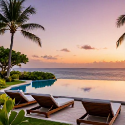 Caribbean Holidays, Relaxing Caribbean Holidays, A peaceful Caribbean infinity pool overlooking the sea, with a tropical garden, comfortable loungers and a colourful sunset sky