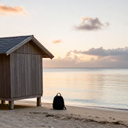 Caribbean Holidays, Relaxing Caribbean Holidays, A quiet Caribbean beach at sunrise with a small backpack, wooden beach hut and calm clear water