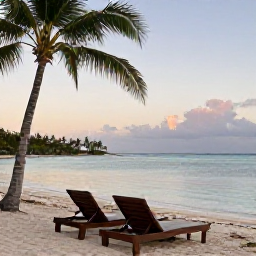 Caribbean Holidays, Relaxing Caribbean Holidays, A quiet Caribbean beach at sunrise with two sun loungers, calm turquoise water and palm trees, photographed in a natural travel style