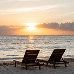 Caribbean Holidays, Relaxing Caribbean Holidays, A quiet Caribbean beach at sunset with two comfortable loungers, calm waves, warm golden light and a relaxed island atmosphere
