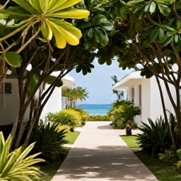 Caribbean Holidays, Relaxing Caribbean Holidays, A quiet Caribbean resort garden with tropical plants, a shaded pathway, discreet hotel buildings and a glimpse of blue sea