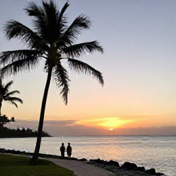 Caribbean Holidays, Relaxing Caribbean Holidays, A quiet Caribbean sunset over calm sea, with silhouettes of palm trees and a couple walking along the shoreline