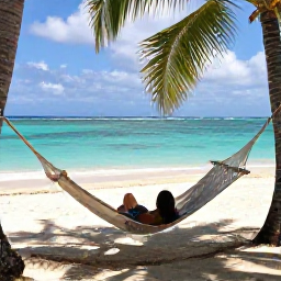 Caribbean Holidays, Relaxing Caribbean Holidays, A relaxed traveller resting in a shaded hammock beside a quiet Caribbean beach, turquoise sea and palm trees