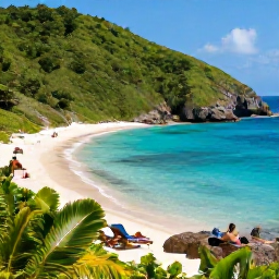 Caribbean Holidays, Relaxing Caribbean Holidays, A secluded Caribbean cove surrounded by green hills, with a couple relaxing on sun loungers beside clear blue water