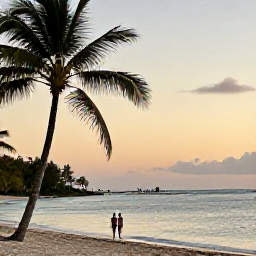 Caribbean Holidays, Relaxing Caribbean Holidays, A tranquil Caribbean beach at dusk with a couple walking beside the water, palm silhouettes and a softly coloured sky