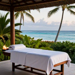 Caribbean Holidays, Relaxing Caribbean Holidays, A tranquil Caribbean spa beside the ocean, with a massage treatment area, tropical greenery, candles and soft natural light