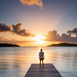 Caribbean Holidays, Relaxing Caribbean Holidays, A traveller watching a vivid Caribbean sunset from a quiet pier, with calm sea and distant green islands