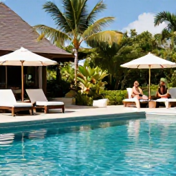 Caribbean Holidays, Relaxing Caribbean Holidays, An elegant adults-only Caribbean resort pool surrounded by tropical gardens, with shaded loungers and a relaxed couple enjoying the afternoon