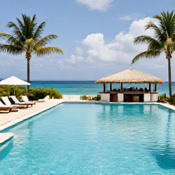 Caribbean Holidays, Relaxing Caribbean Holidays, An elegant Caribbean all-inclusive resort pool surrounded by palm trees, comfortable loungers and a relaxed bar overlooking the sea