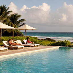 Caribbean Holidays, Relaxing Caribbean Holidays, An elegant Caribbean resort pool overlooking the sea, with shaded loungers, tropical planting and a relaxed couple enjoying the afternoon