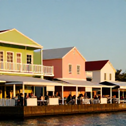 Caribbean Holidays, Relaxing Caribbean Holidays, Charming Caribbean town at golden hour with pastel buildings, a relaxed waterfront cafe and local people enjoying the evening