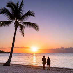 Caribbean Holidays, Relaxing Caribbean Holidays, Couple watching a colourful Caribbean sunset from a quiet beach, with palm silhouettes and calm sea