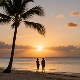 Caribbean Holidays, Relaxing Caribbean Holidays, Couple watching a golden Caribbean sunset from a quiet beach, with palm silhouettes and calm sea