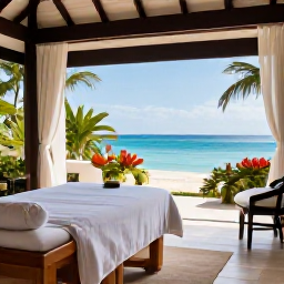 Caribbean Holidays, Relaxing Caribbean Holidays, Elegant Caribbean resort spa with open-air treatment room, tropical plants and a peaceful view of the sea