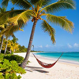 Caribbean Holidays, Relaxing Caribbean Holidays, Hammock between palm trees beside a quiet Caribbean beach, with lush greenery and clear blue sea