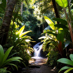 Caribbean Holidays, Relaxing Caribbean Holidays, Lush Caribbean rainforest trail with tropical plants, filtered sunlight and a small waterfall