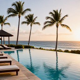Caribbean Holidays, Relaxing Caribbean Holidays, Luxury Caribbean resort pool overlooking the sea at golden hour, tropical palms and peaceful loungers