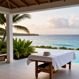 Caribbean Holidays, Relaxing Caribbean Holidays, Open-air Caribbean spa terrace overlooking the sea, with treatment table, tropical plants and soft afternoon light