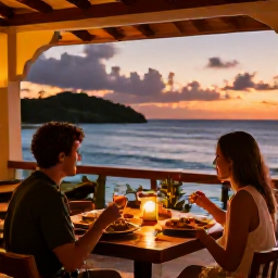 Caribbean Holidays, Relaxing Caribbean Holidays, Outdoor Caribbean restaurant at sunset with a relaxed couple enjoying fresh local food, sea views and warm ambient lighting