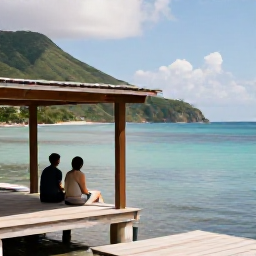 Caribbean Holidays, Relaxing Caribbean Holidays, Peaceful Caribbean cove with a couple sitting on a shaded wooden jetty, calm sea and green hills in the background