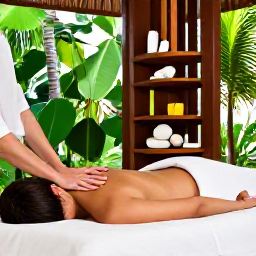 Caribbean Holidays, Relaxing Caribbean Holidays, Person receiving a relaxing massage in an open-air Caribbean spa surrounded by tropical greenery and natural wooden details