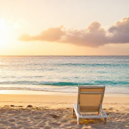 Caribbean Holidays, Relaxing Caribbean Holidays, Quiet Caribbean beach at sunrise with calm turquoise water, soft golden light and a comfortable empty sun lounger