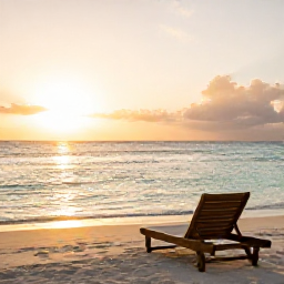 Caribbean Holidays, Relaxing Caribbean Holidays, Quiet Caribbean beach at sunrise with soft golden light, calm turquoise water and a comfortable sun lounger