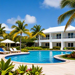 Caribbean Holidays, Relaxing Caribbean Tours, A comfortable Caribbean resort with a pool, tropical gardens, sun loungers and a relaxed atmosphere under a bright blue sky