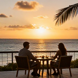 Caribbean Holidays, Relaxing Caribbean Tours, A couple enjoying a quiet sunset from a Caribbean terrace overlooking the sea, with warm evening light and relaxed outdoor seating