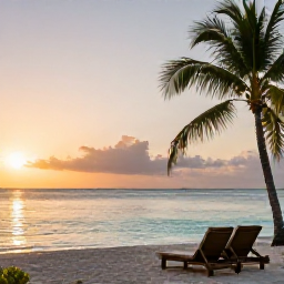 Caribbean Holidays, Relaxing Caribbean Tours, A peaceful Caribbean beach at sunrise with soft golden light, calm turquoise water, palm trees and a comfortable empty sun lounger