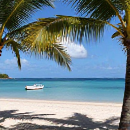 Caribbean Holidays, Relaxing Caribbean Tours, A quiet Caribbean cove with clear blue water, white sand, shady palm trees and a small boat anchored offshore