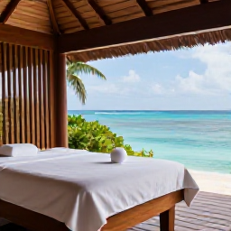 Caribbean Holidays, Relaxing Caribbean Tours, A tranquil Caribbean spa beside the sea with natural wood treatment rooms, tropical greenery, white towels and a calm blue horizon