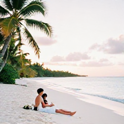 Caribbean Holidays, Relaxing Caribbean Weddings, A newly married couple relaxing on a quiet white-sand Caribbean beach, turquoise water, palm trees and soft morning light