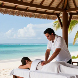 Caribbean Holidays, Relaxing Caribbean Weddings, Couple receiving a relaxing massage beside a tropical Caribbean beach, open-air spa pavilion, palms and calm blue sea