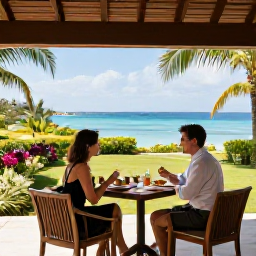 Caribbean Holidays, Relaxing Caribbean Weddings, Couple sharing a quiet breakfast on a shaded Caribbean terrace overlooking the sea, tropical garden and relaxed holiday atmosphere