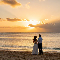 Caribbean Holidays, Relaxing Caribbean Weddings, Newly married couple watching a Caribbean sunset from a quiet beach, warm golden sky, gentle waves and relaxed celebration
