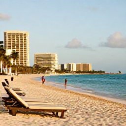 Caribbean Holidays, Relaxing City Breaks, A calm Caribbean beach close to a city, with soft sand, turquoise water, sun loungers and a relaxed afternoon atmosphere