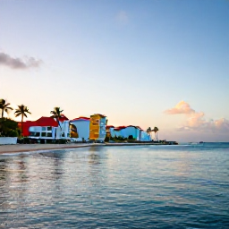 Caribbean Holidays, Relaxing City Breaks, A peaceful Caribbean city waterfront at sunrise, with palm trees, calm blue water and colourful buildings