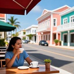 Caribbean Holidays, Relaxing City Breaks, A relaxed traveller enjoying coffee at an outdoor caf&eacute; on a sunny Caribbean street, with colourful architecture and palm trees