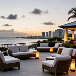 Caribbean Holidays, Relaxing City Breaks, A stylish Caribbean hotel terrace at sunset, with comfortable seating, soft lighting and views across the sea and city
