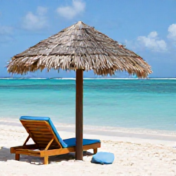 Caribbean Holidays, Relaxing Cooking Holidays, A peaceful Caribbean beach with a shaded lounger, calm turquoise water and a relaxed holiday atmosphere