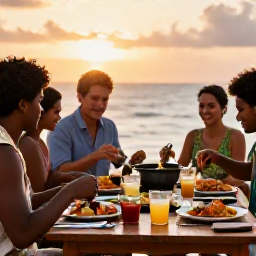 Caribbean Holidays, Relaxing Cooking Holidays, Friends sharing a freshly prepared Caribbean meal at an outdoor table during sunset