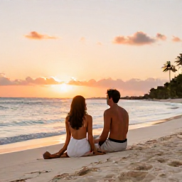 Caribbean Holidays, Relaxing Couples Holidays, Couple relaxing together on a quiet white sand beach in the Caribbean at sunset