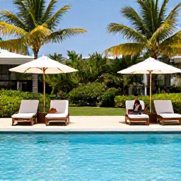 Caribbean Holidays, Relaxing Couples Holidays, Elegant Caribbean resort pool surrounded by palms with two sun loungers and a couple enjoying a peaceful afternoon