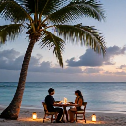 Caribbean Holidays, Relaxing Couples Holidays, Romantic dinner for two on a Caribbean beach with lanterns, palm trees and calm evening sea