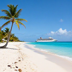 Caribbean Holidays, Relaxing Cruises, A relaxed Caribbean beach with soft white sand, palm trees, clear turquoise sea and a small cruise ship visible offshore