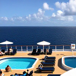 Caribbean Holidays, Relaxing Cruises, Passengers relaxing on a quiet cruise ship deck with sun loungers, a swimming pool and a wide ocean view